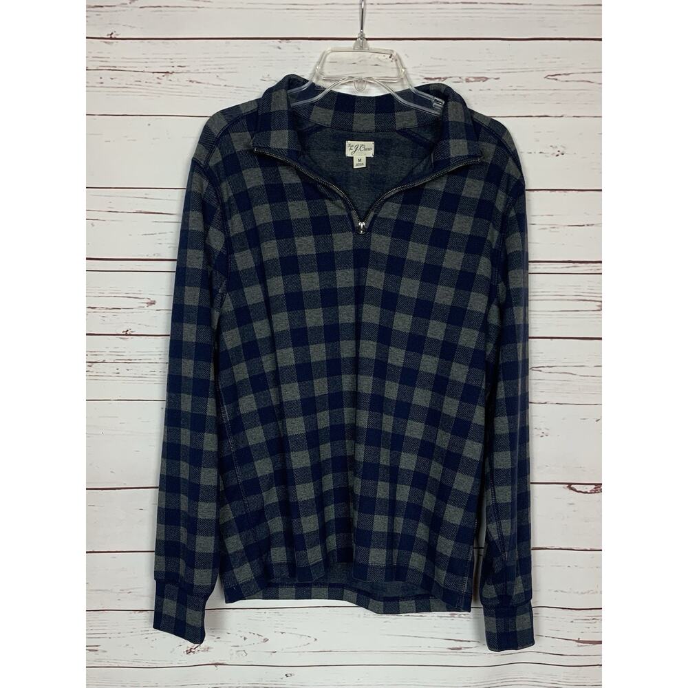 Knit for J.CREW Men's M Medium Navy Blue Gray Plaid Quarter Zip Pullover Shirt